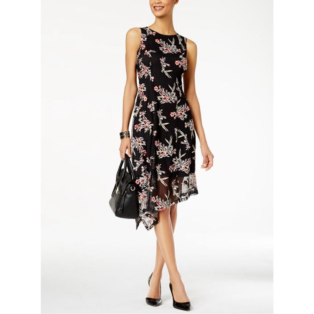 Alfani Floral-Embroidered Fit & Flare Asymmetrical Midi Dress Size 4 Created for